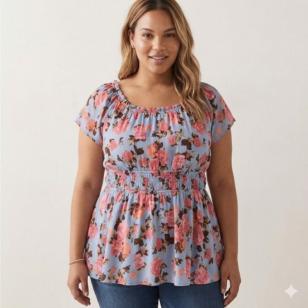 Torrid Blue & Pink Floral Keyhole Georgette Short Sleeve Blouse Size 2X